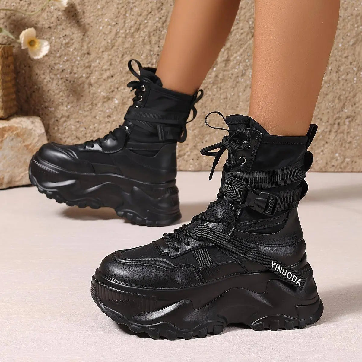 Women's High-Top Sneakers - Fashionable Lace-Up Platform Boots with Thick Sole, Versatile All-Season Footwear Black - Tophatter Daily Deals