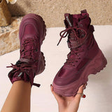 Women's High-Top Sneakers - Fashionable Lace-Up Platform Boots with Thick Sole, Versatile All-Season Footwear Burgundy - Tophatter Daily Deals