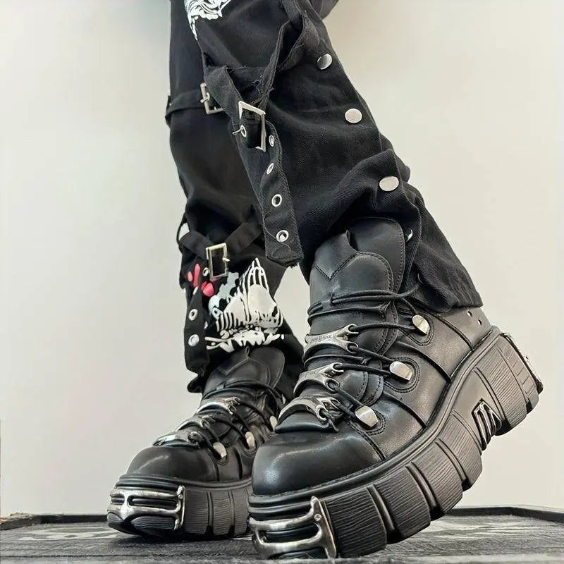 Women's Metallic Decor Platform Sneakers, Punk Rock Lace Up Outdoor Shoes, Comfortable Heel Height Shoes, Gothic Ankle Boots Round Toe Thick Sole Booties Black - Tophatter Daily Deals