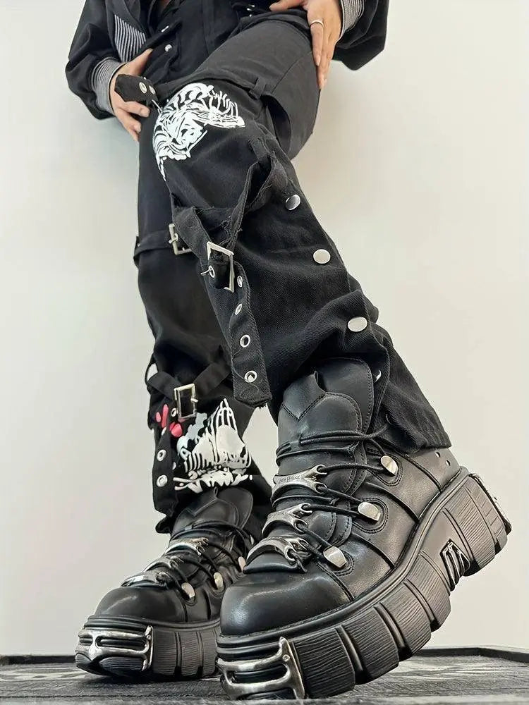Women's Metallic Decor Platform Sneakers, Punk Rock Lace Up Outdoor Shoes, Comfortable Heel Height Shoes, Gothic Ankle Boots Round Toe Thick Sole Booties - Tophatter Daily Deals