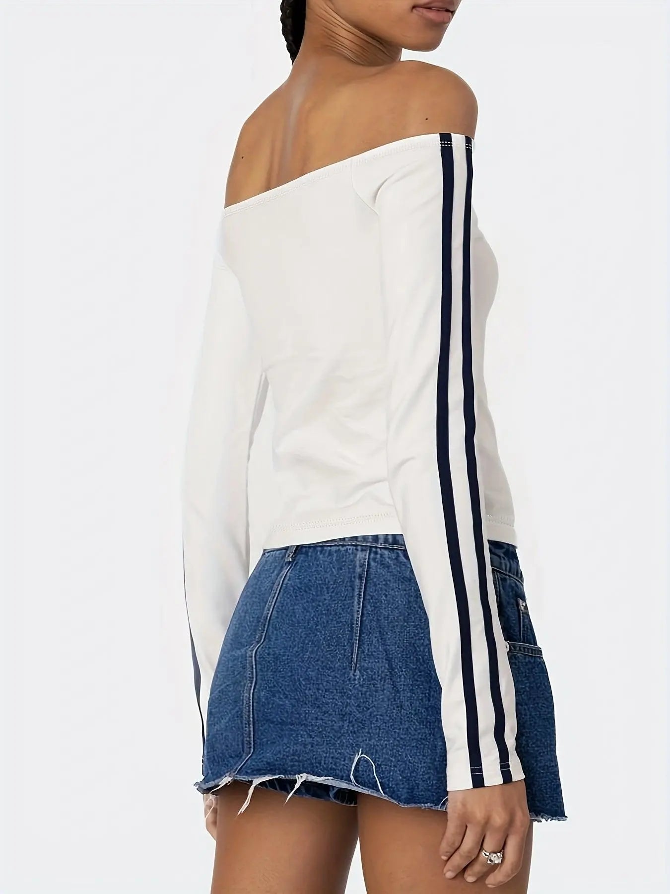 Women's Off-the-Shoulder Long Sleeve Crop Top with Number Print, Polyester Knit Fabric, Solid Color, Y2K Style T-Shirt for Spring/Summer/Fall - Tophatter Daily Deals