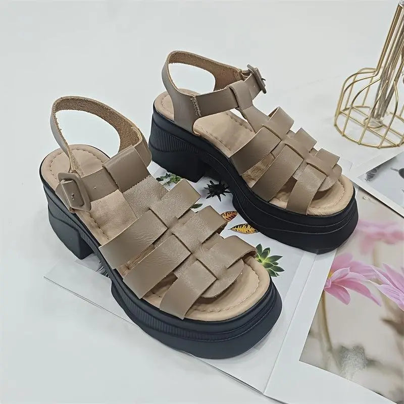 Women's Solid Color Chunky Heel Sandals, Fashion Open Toe Summer Shoes, Comfortable Buckle Strap Sandals Light Brown-1 - Tophatter Daily Deals