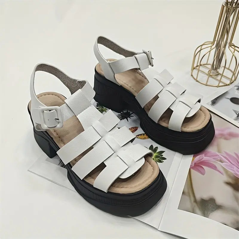 Women's Solid Color Chunky Heel Sandals, Fashion Open Toe Summer Shoes, Comfortable Buckle Strap Sandals - Tophatter Daily Deals