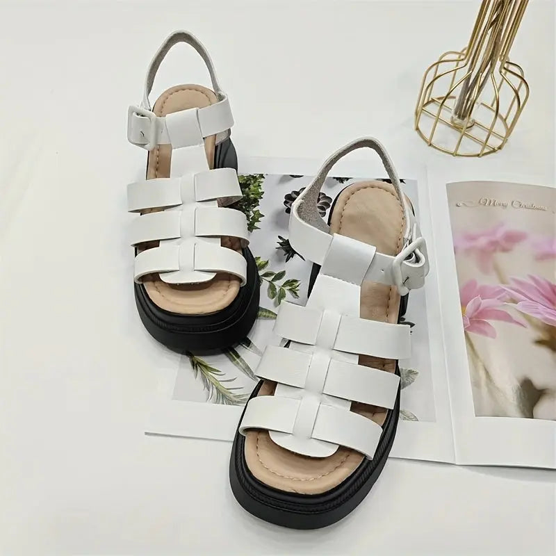 Women's Solid Color Chunky Heel Sandals, Fashion Open Toe Summer Shoes, Comfortable Buckle Strap Sandals - Tophatter Daily Deals