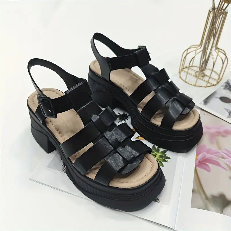 Women's Solid Color Chunky Heel Sandals, Fashion Open Toe Summer Shoes, Comfortable Buckle Strap Sandals - Tophatter Daily Deals