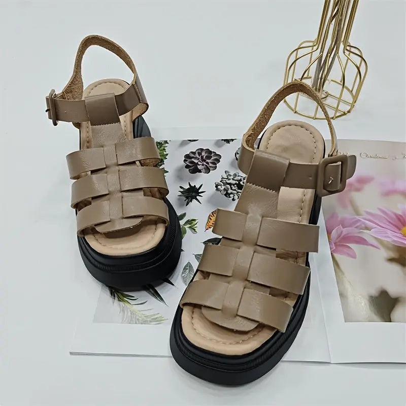 Women's Solid Color Chunky Heel Sandals, Fashion Open Toe Summer Shoes, Comfortable Buckle Strap Sandals - Tophatter Daily Deals
