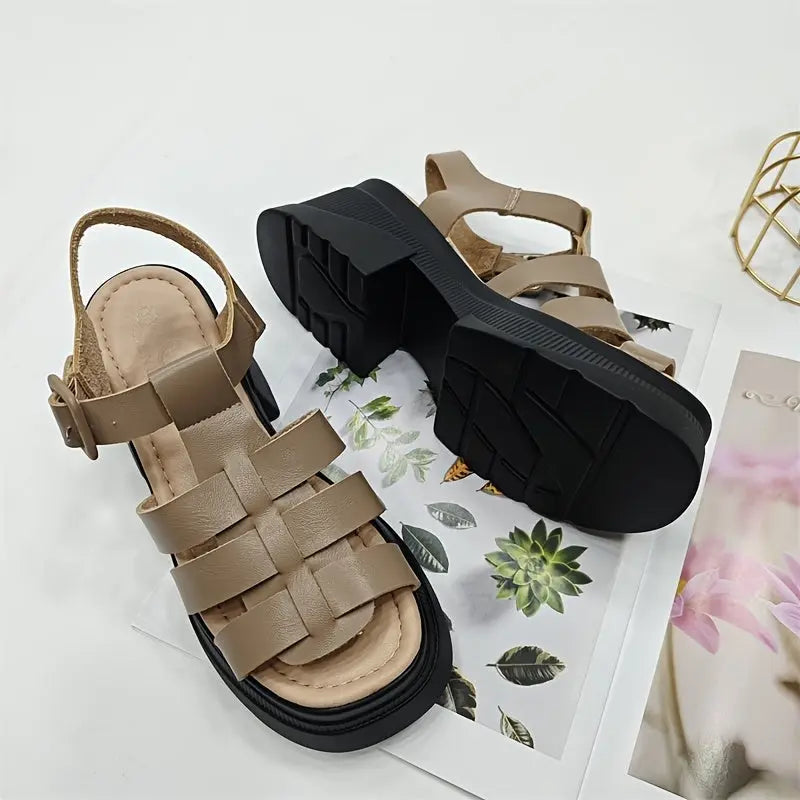 Women's Solid Color Chunky Heel Sandals, Fashion Open Toe Summer Shoes, Comfortable Buckle Strap Sandals - Tophatter Daily Deals