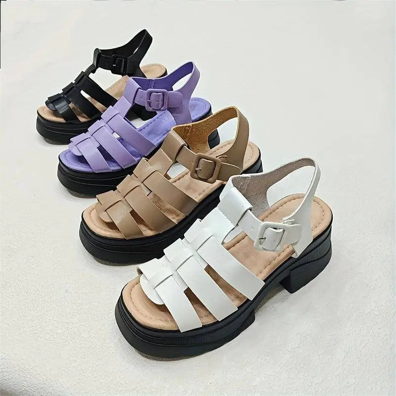 Women's Solid Color Chunky Heel Sandals, Fashion Open Toe Summer Shoes, Comfortable Buckle Strap Sandals - Tophatter Daily Deals