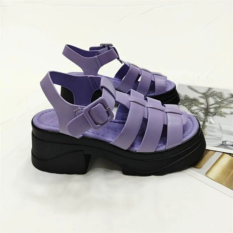 Women's Solid Color Chunky Heel Sandals, Fashion Open Toe Summer Shoes, Comfortable Buckle Strap Sandals - Tophatter Daily Deals