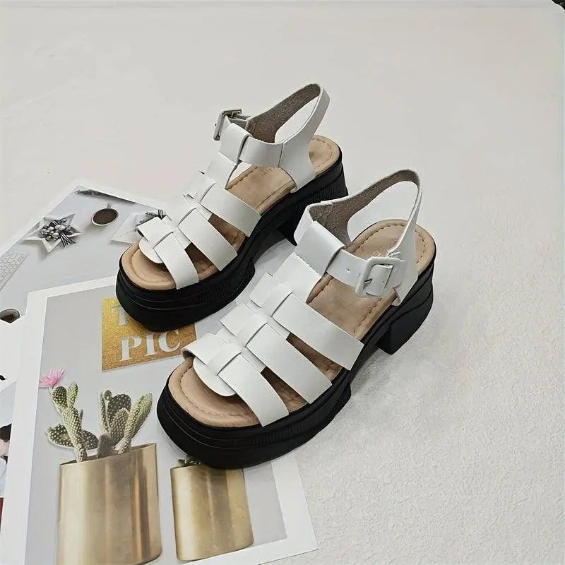 Women's Solid Color Chunky Heel Sandals, Fashion Open Toe Summer Shoes, Comfortable Buckle Strap Sandals White - Tophatter Daily Deals