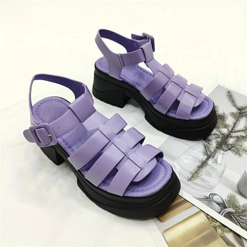 Women's Solid Color Chunky Heel Sandals, Fashion Open Toe Summer Shoes, Comfortable Buckle Strap Sandals Violet - Tophatter Daily Deals