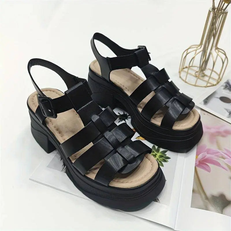 Women's Solid Color Chunky Heel Sandals, Fashion Open Toe Summer Shoes, Comfortable Buckle Strap Sandals Black - Tophatter Daily Deals