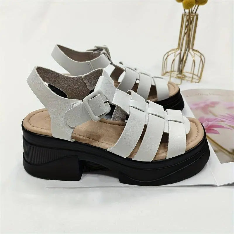 Women's Solid Color Chunky Heel Sandals, Fashion Open Toe Summer Shoes, Comfortable Buckle Strap Sandals - Tophatter Daily Deals