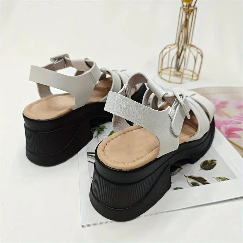 Women's Solid Color Chunky Heel Sandals, Fashion Open Toe Summer Shoes, Comfortable Buckle Strap Sandals - Tophatter Daily Deals