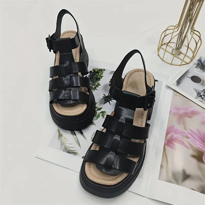 Women's Solid Color Chunky Heel Sandals, Fashion Open Toe Summer Shoes, Comfortable Buckle Strap Sandals - Tophatter Daily Deals
