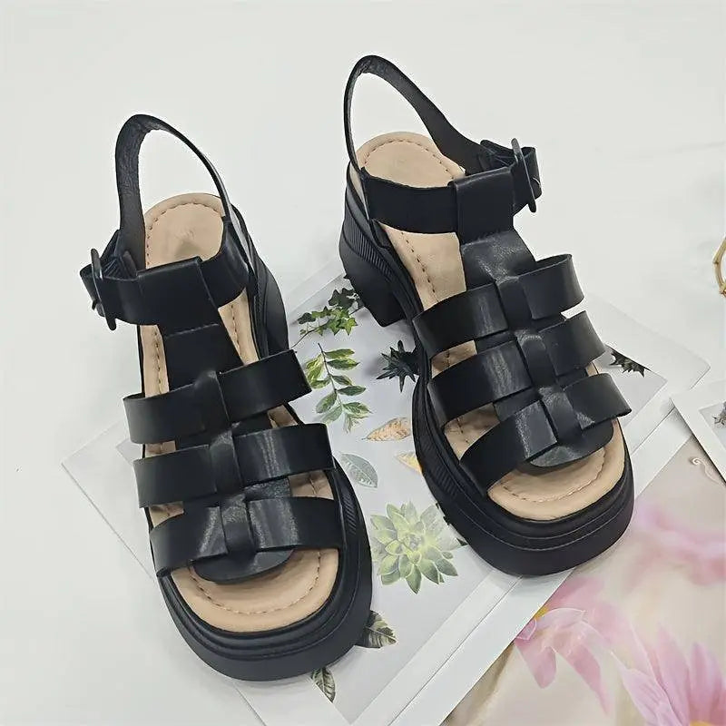 Women's Solid Color Chunky Heel Sandals, Fashion Open Toe Summer Shoes, Comfortable Buckle Strap Sandals - Tophatter Daily Deals