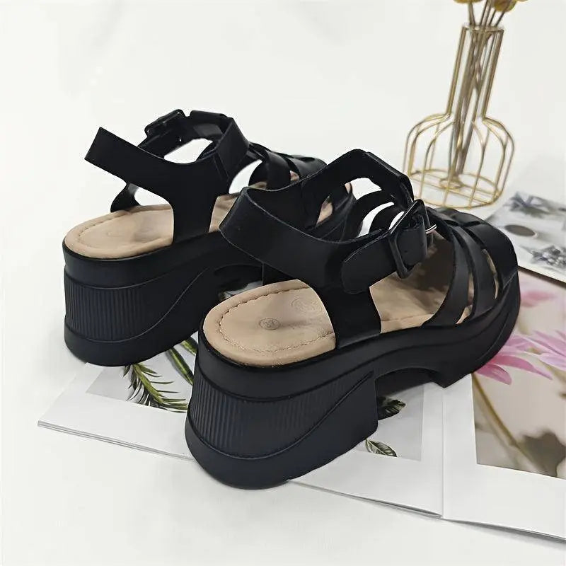 Women's Solid Color Chunky Heel Sandals, Fashion Open Toe Summer Shoes, Comfortable Buckle Strap Sandals - Tophatter Daily Deals