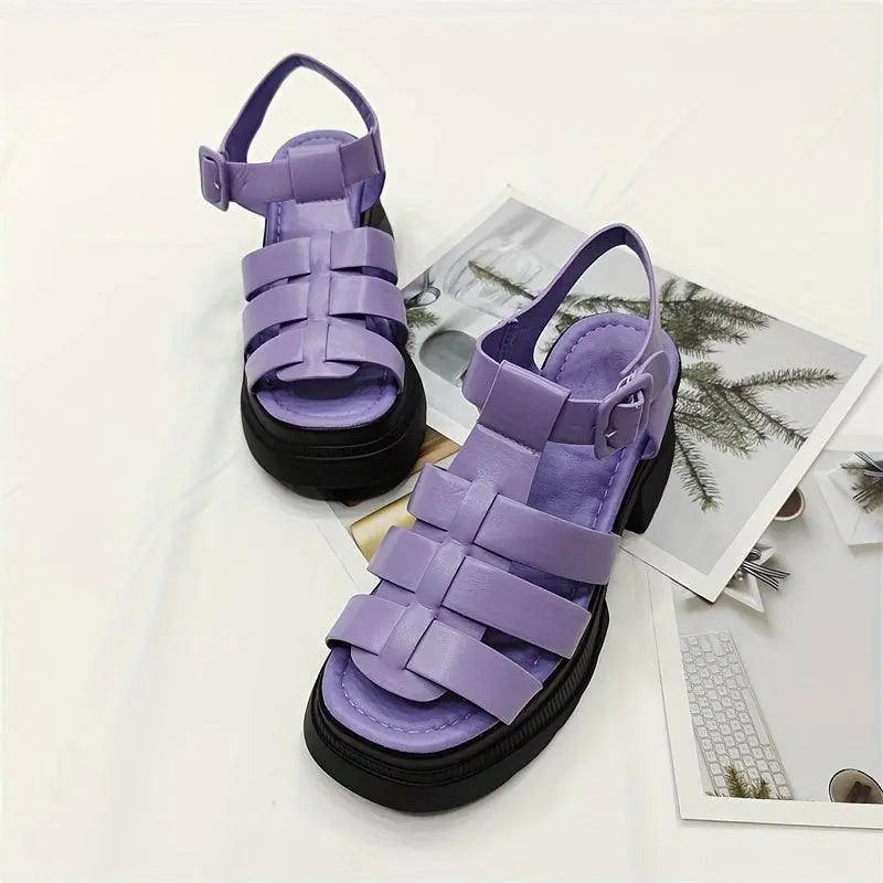 Women's Solid Color Chunky Heel Sandals, Fashion Open Toe Summer Shoes, Comfortable Buckle Strap Sandals - Tophatter Daily Deals