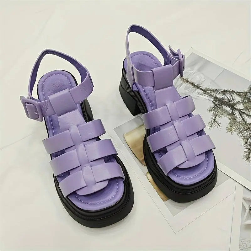 Women's Solid Color Chunky Heel Sandals, Fashion Open Toe Summer Shoes, Comfortable Buckle Strap Sandals - Tophatter Daily Deals
