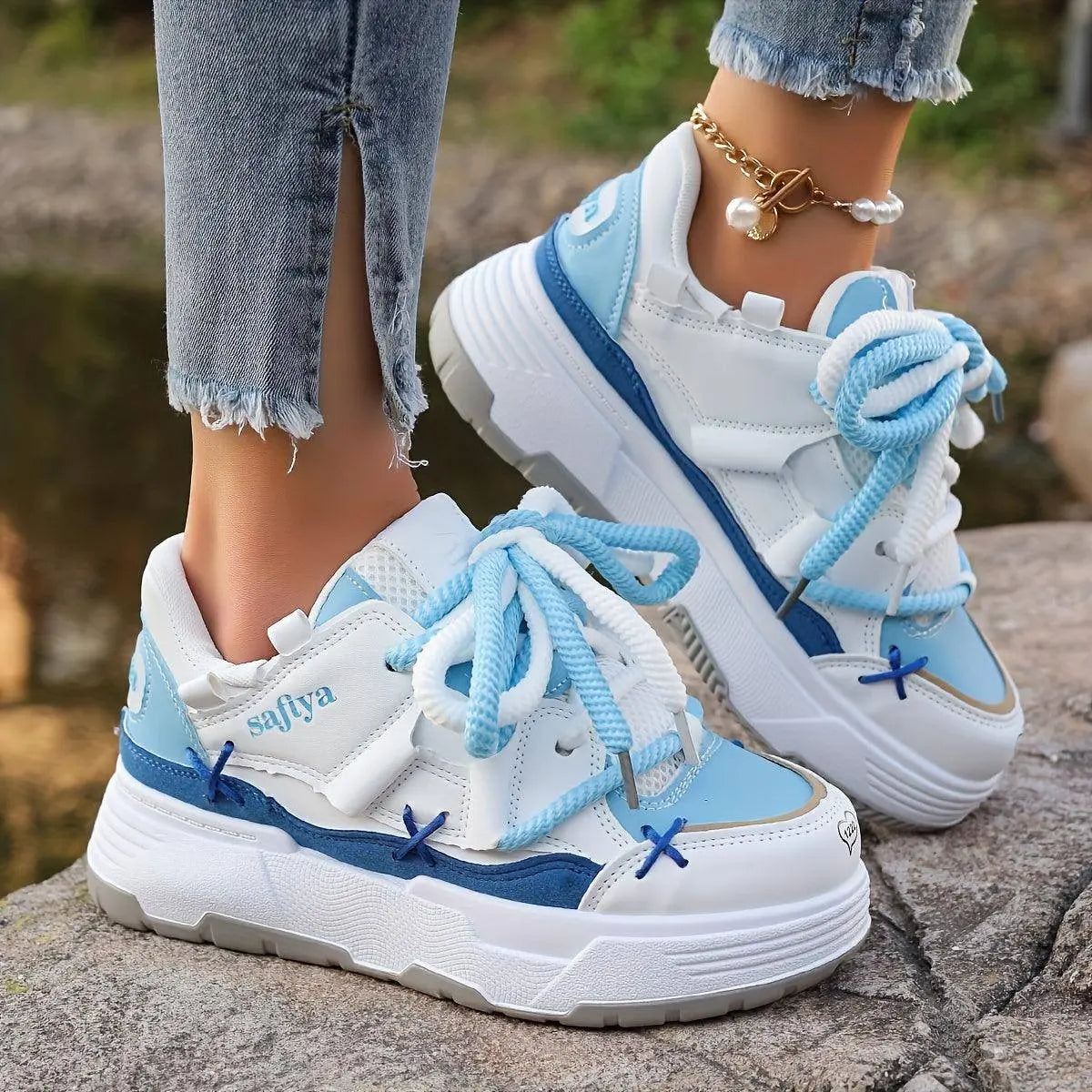 Women's Stylish Platform Skate Shoes, Niche Design Colorblock Heightening Sneakers, Personality Preppy Student Shoes Blue - Tophatter Daily Deals