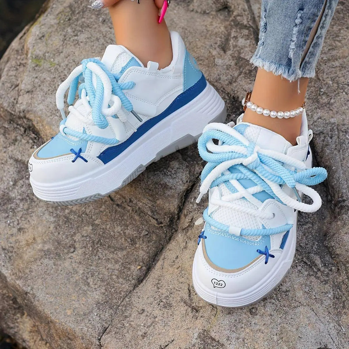Women's Stylish Platform Skate Shoes, Niche Design Colorblock Heightening Sneakers, Personality Preppy Student Shoes - Tophatter Daily Deals