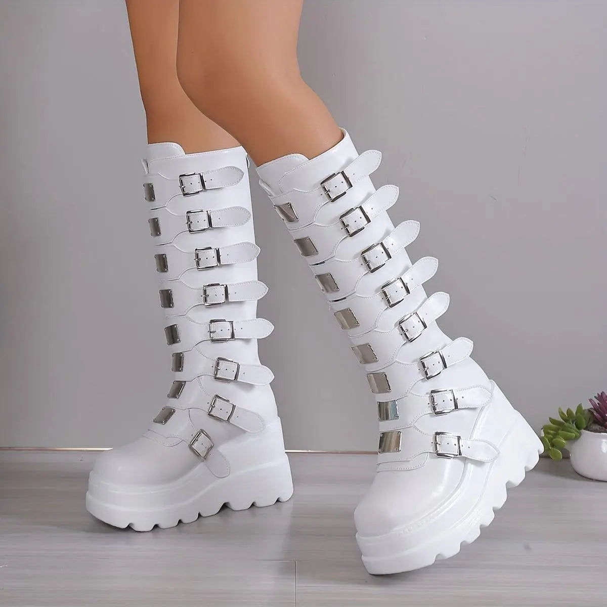 Women's Wedge Heeled Boots, Fashion Buckle Strap Design Platform Boots, Women's Stylish Back Zipper Boots carnaval & Music Festival White - Tophatter Daily Deals