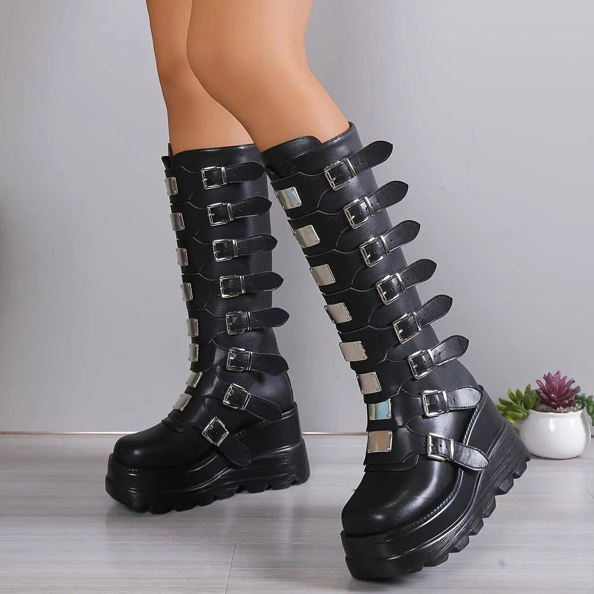 Women's Wedge Heeled Boots, Fashion Buckle Strap Design Platform Boots, Women's Stylish Back Zipper Boots carnaval & Music Festival Black - Tophatter Daily Deals