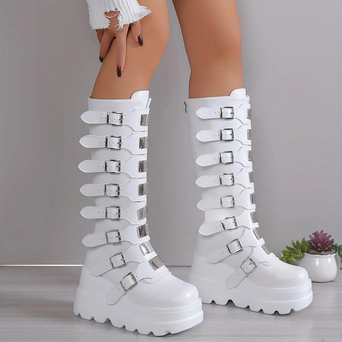 Women's Wedge Heeled Boots, Fashion Buckle Strap Design Platform Boots, Women's Stylish Back Zipper Boots carnaval & Music Festival - Tophatter Daily Deals