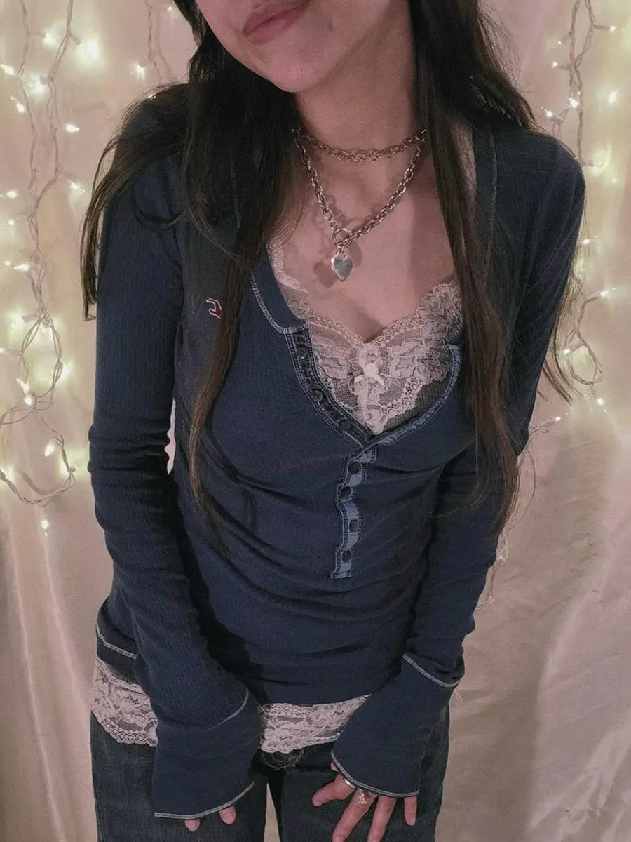 Womens Y2k Tee Crop Top Long Sleeve Lace Fairycore Grunge T-Shirts Ribbed Knit Harajuku Aesthetic Girl Tops T-Shirts Streetwear - Tophatter Daily Deals