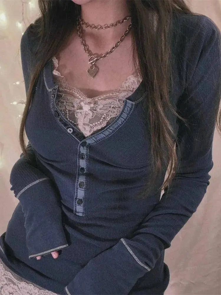 Womens Y2k Tee Crop Top Long Sleeve Lace Fairycore Grunge T-Shirts Ribbed Knit Harajuku Aesthetic Girl Tops T-Shirts Streetwear - Tophatter Daily Deals