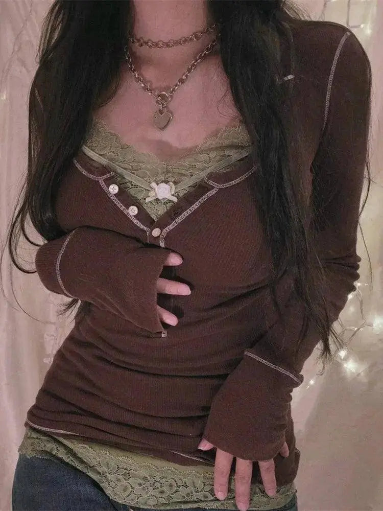 Womens Y2k Tee Crop Top Long Sleeve Lace Fairycore Grunge T-Shirts Ribbed Knit Harajuku Aesthetic Girl Tops T-Shirts Streetwear - Tophatter Daily Deals