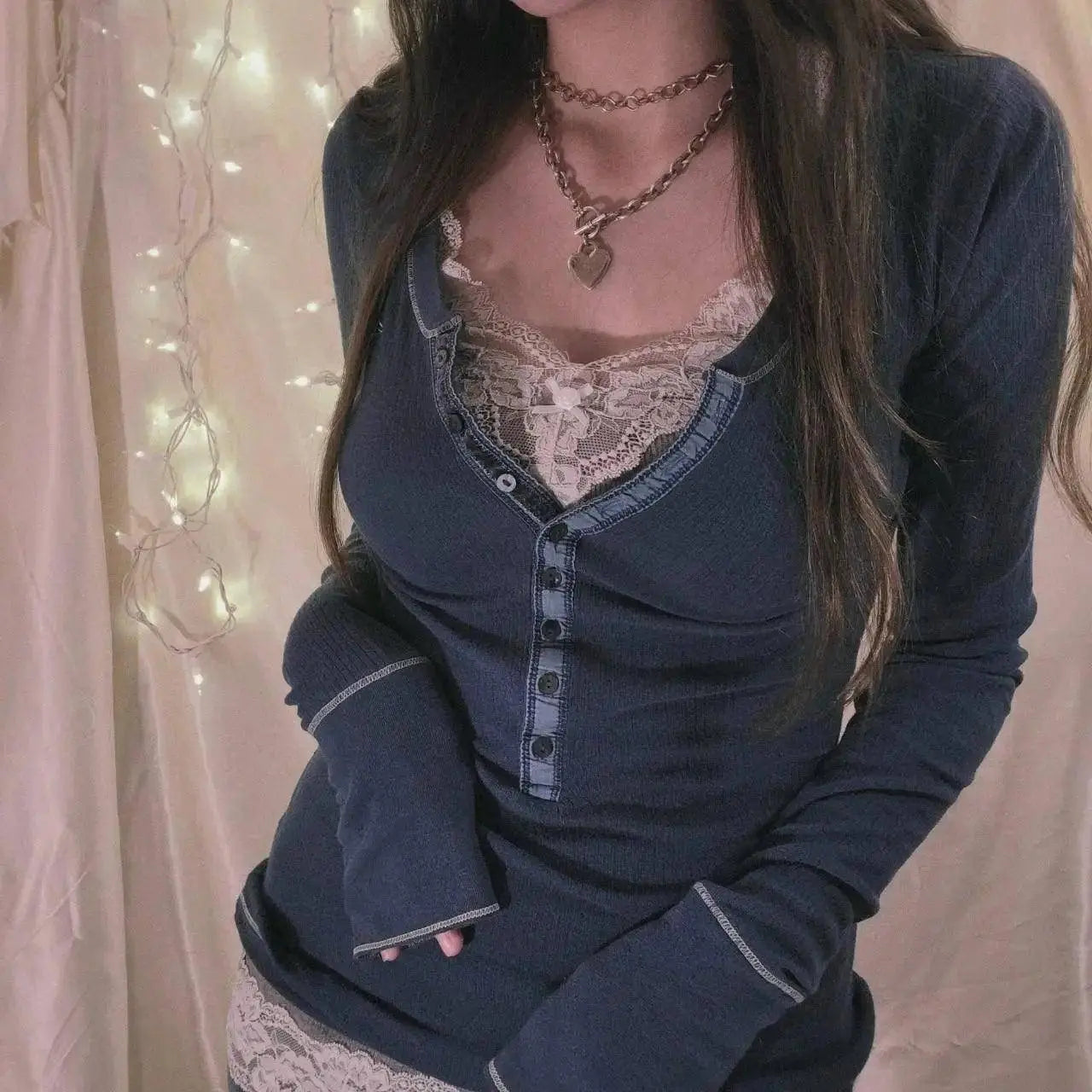 Womens Y2k Tee Crop Top Long Sleeve Lace Fairycore Grunge T-Shirts Ribbed Knit Harajuku Aesthetic Girl Tops T-Shirts Streetwear - Tophatter Daily Deals