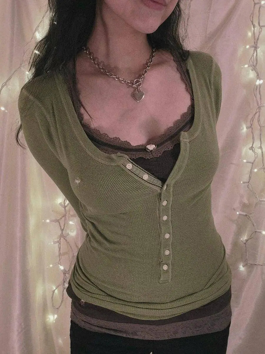 Womens Y2k Tee Crop Top Long Sleeve Lace Fairycore Grunge T-Shirts Ribbed Knit Harajuku Aesthetic Girl Tops T-Shirts Streetwear - Tophatter Daily Deals