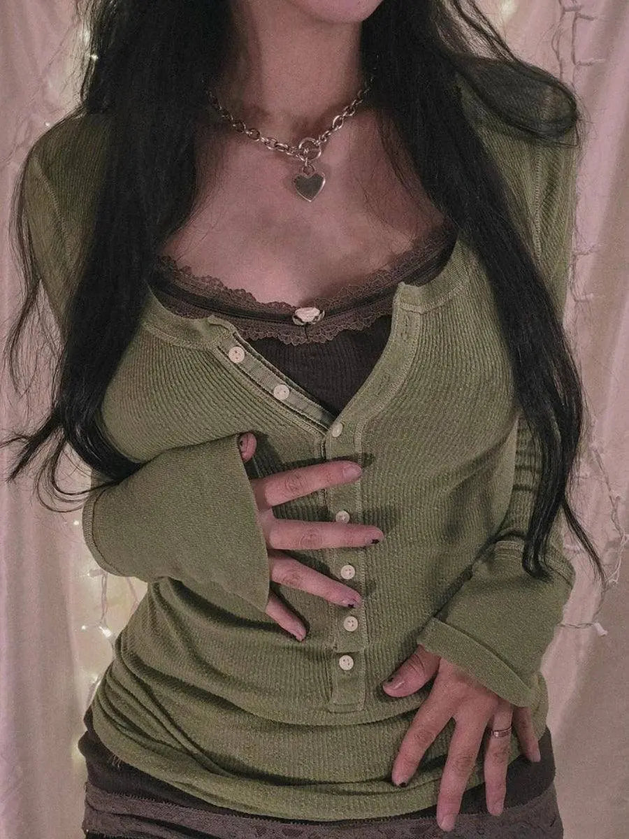 Womens Y2k Tee Crop Top Long Sleeve Lace Fairycore Grunge T-Shirts Ribbed Knit Harajuku Aesthetic Girl Tops T-Shirts Streetwear - Tophatter Daily Deals