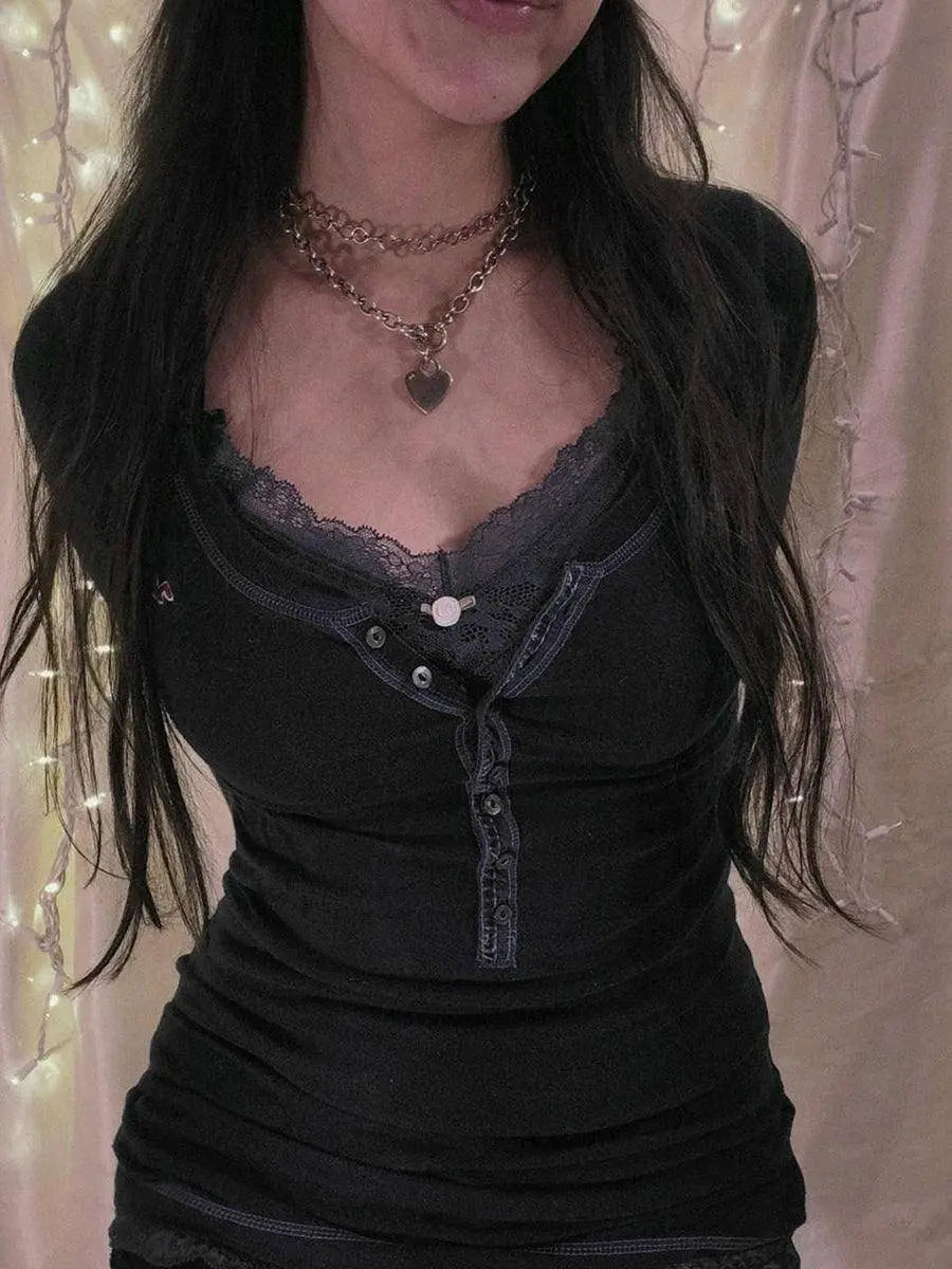 Womens Y2k Tee Crop Top Long Sleeve Lace Fairycore Grunge T-Shirts Ribbed Knit Harajuku Aesthetic Girl Tops T-Shirts Streetwear - Tophatter Daily Deals