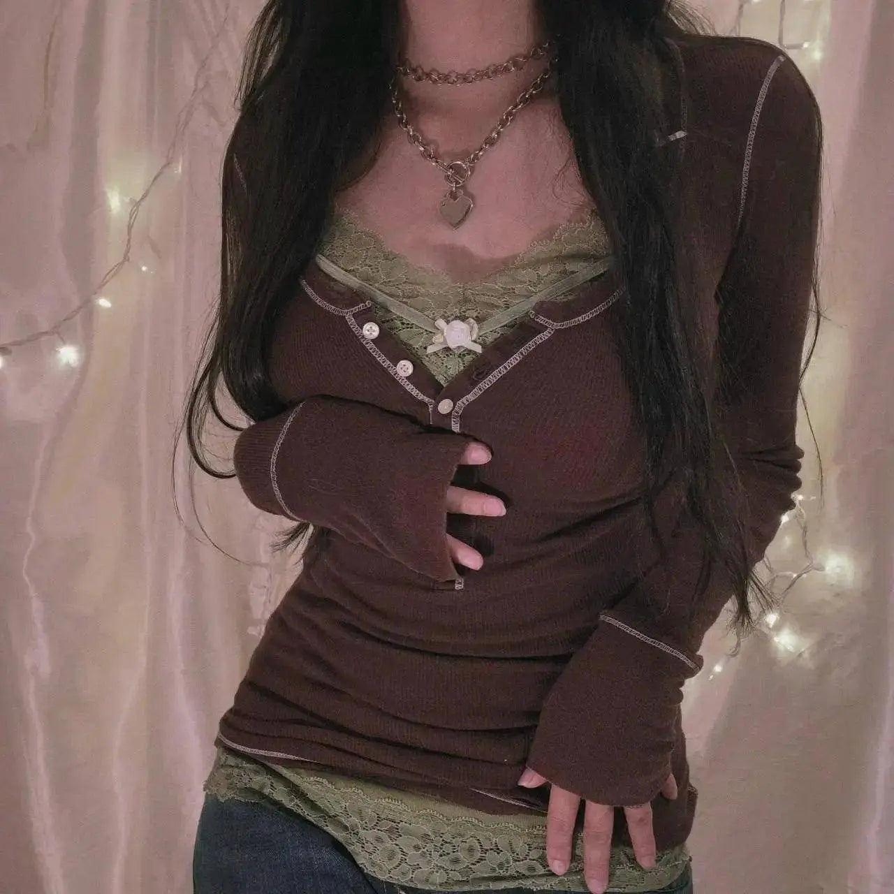 Womens Y2k Tee Crop Top Long Sleeve Lace Fairycore Grunge T-Shirts Ribbed Knit Harajuku Aesthetic Girl Tops T-Shirts Streetwear B M - Tophatter Daily Deals