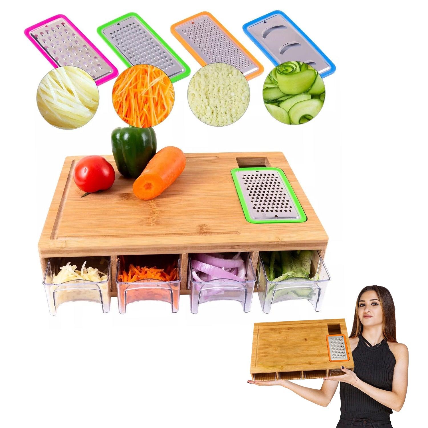 Wooden Chopping Board - Large Bamboo Wood Chopping Board With 4 BPA Free Plastic Drawers Cutting Boards Home - Tophatter Daily Deals