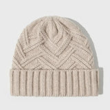 Warm Classic Wool Beanie - Ribbed Cuff, Chevron Knit Beige - Tophatter Daily Deals