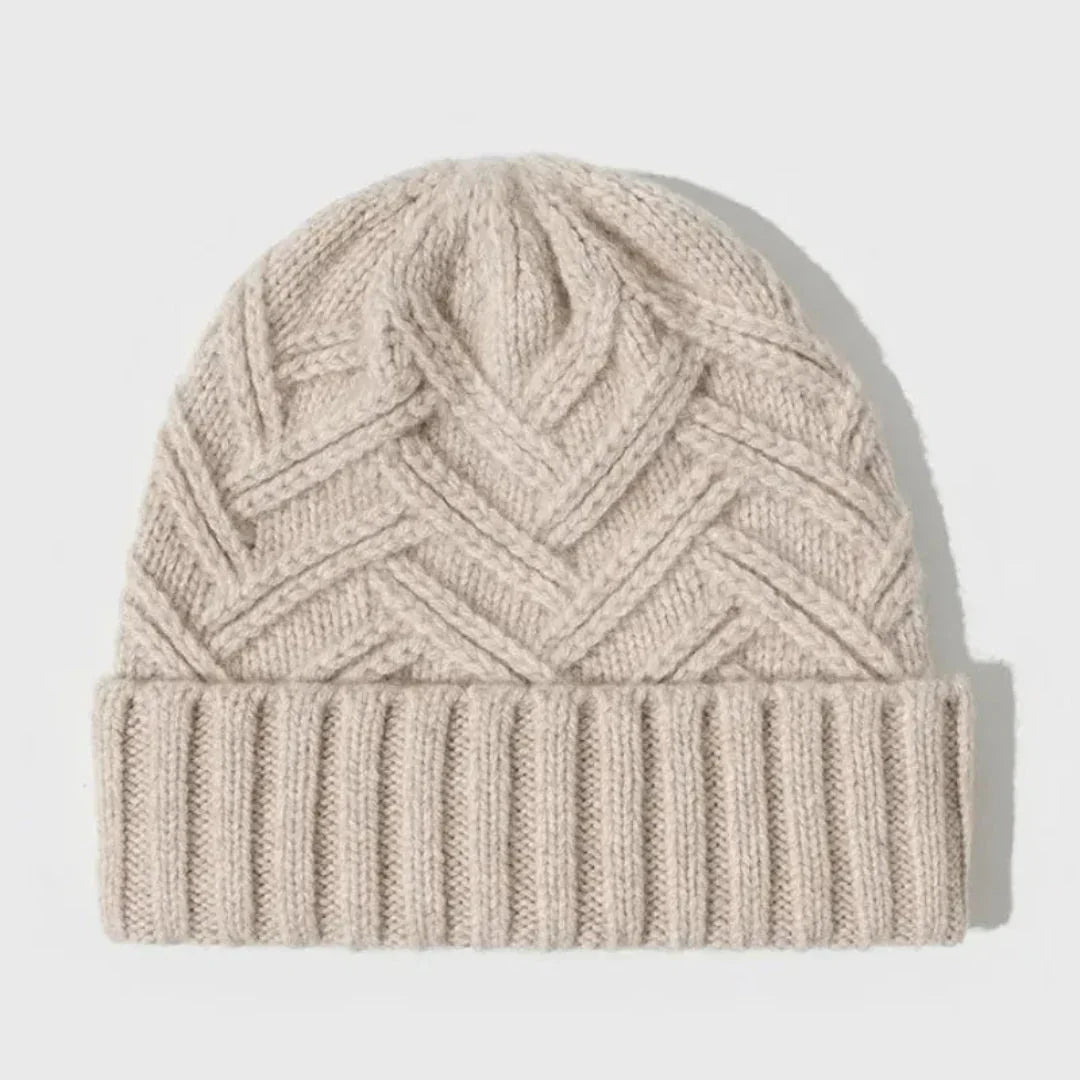 Warm Classic Wool Beanie - Ribbed Cuff, Chevron Knit Beige - Tophatter Daily Deals