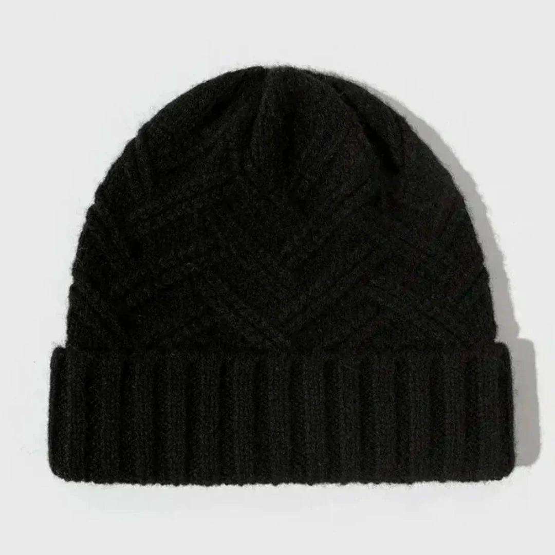 Warm Classic Wool Beanie - Ribbed Cuff, Chevron Knit Black - Tophatter Daily Deals