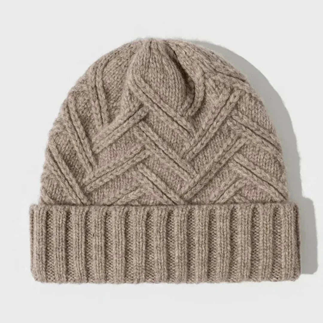 Warm Classic Wool Beanie - Ribbed Cuff, Chevron Knit Khaki - Tophatter Daily Deals