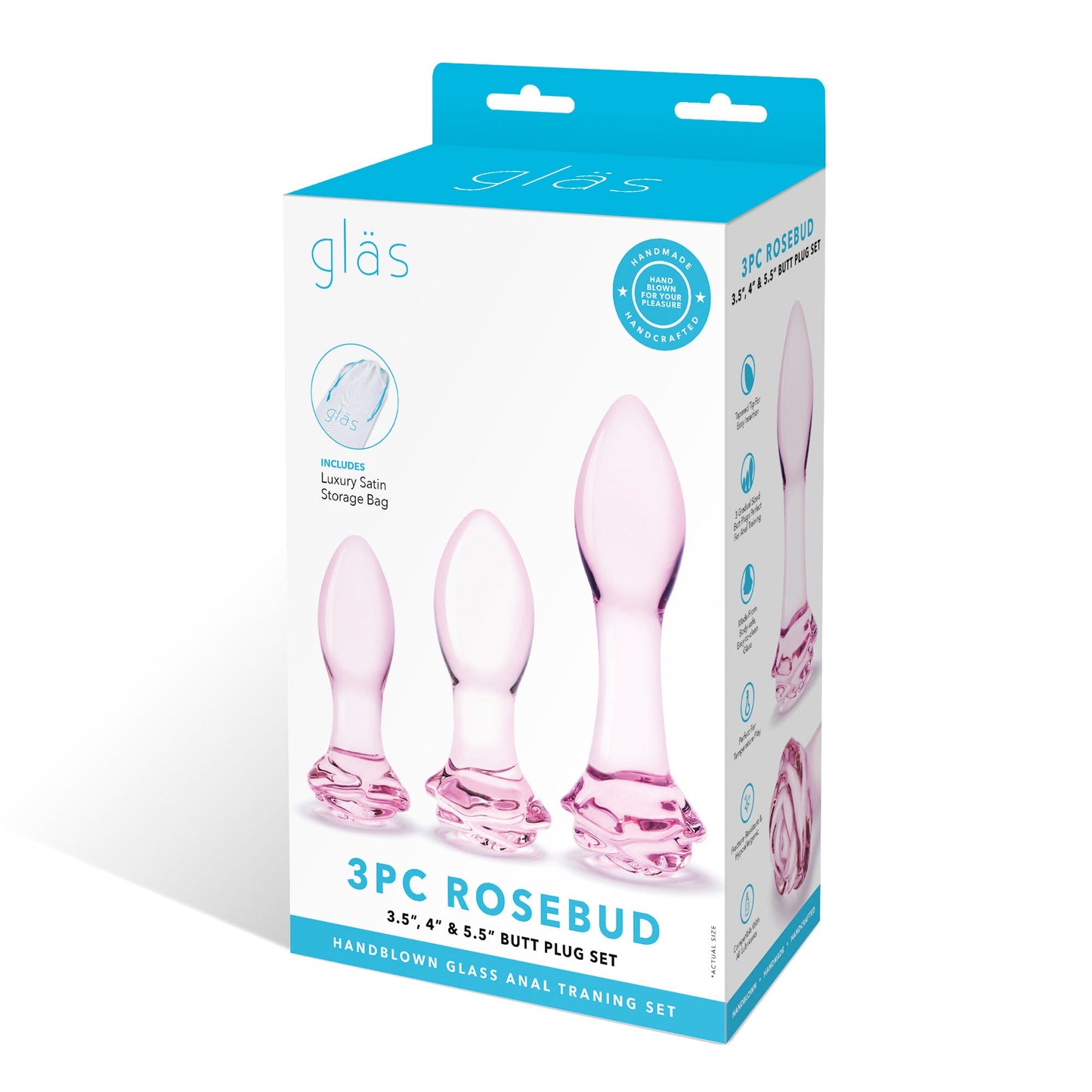 Glas 3PC Rosebud Butt Plug Set Pink Handblown Glass Anal Training Set 3.5, 4.5, and 5.5 Inches > Glass > Toys - Tophatter Daily Deals