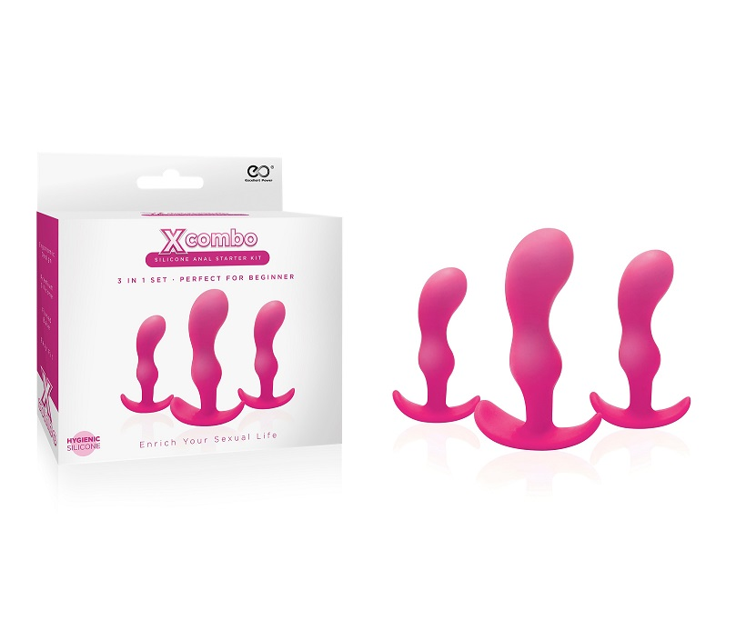 X Combo 3pc Pink Silicone Butt Plug Set with Ergonomic Design and Three Sizes > Anal Range > Butt Plug Kits - Tophatter Daily Deals