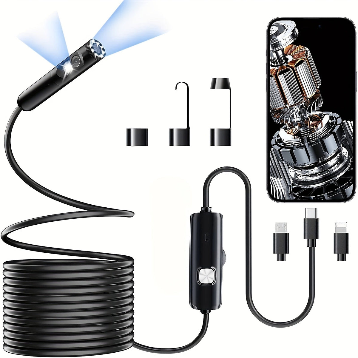 Dual Lens Phone Endoscope, 1920p Inspection Camera with 8 LEDs for iPhone and Android Cameras & Drones - Tophatter Daily Deals