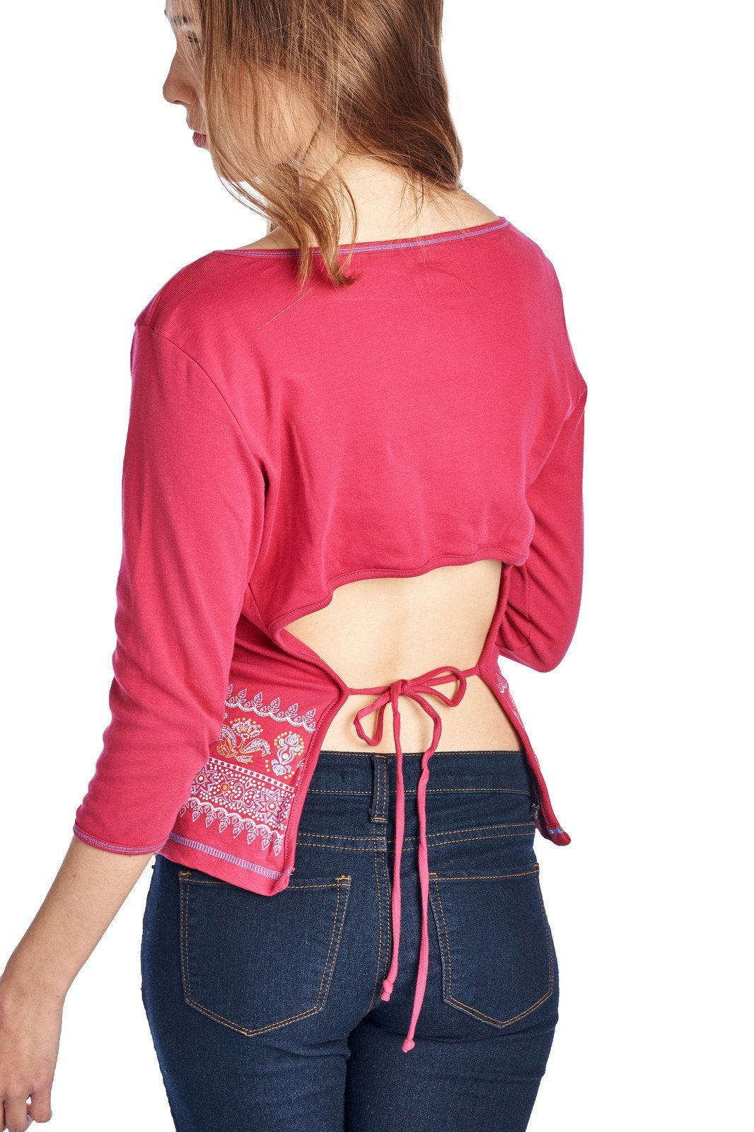 Women's Long Sleeve Open Tie Back Screened Top Tops - Tophatter Daily Deals