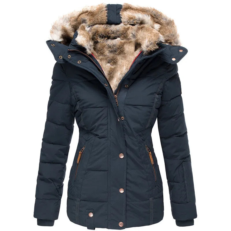 Warm Women’s Winter Coat - Quilted Midlength, Faux Fur Hood Blue - Tophatter Daily Deals