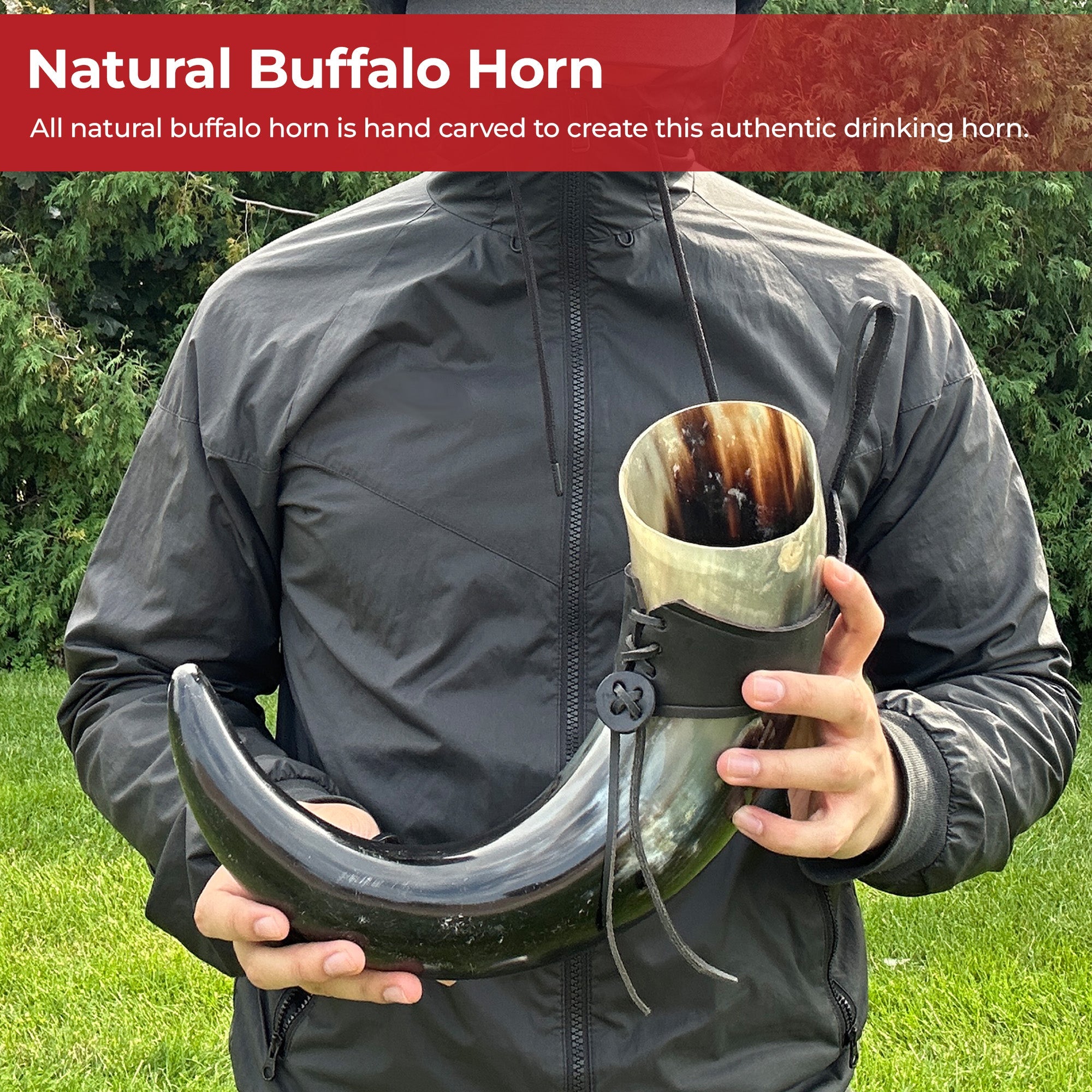 XL Drinking Horn with Black Leather Belt Frog historical period - Tophatter Daily Deals
