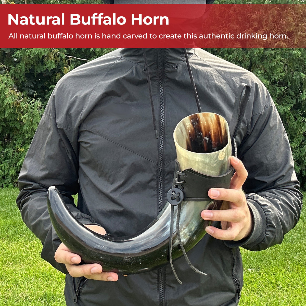 XL Drinking Horn with Black Leather Belt Frog historical period - Tophatter Daily Deals
