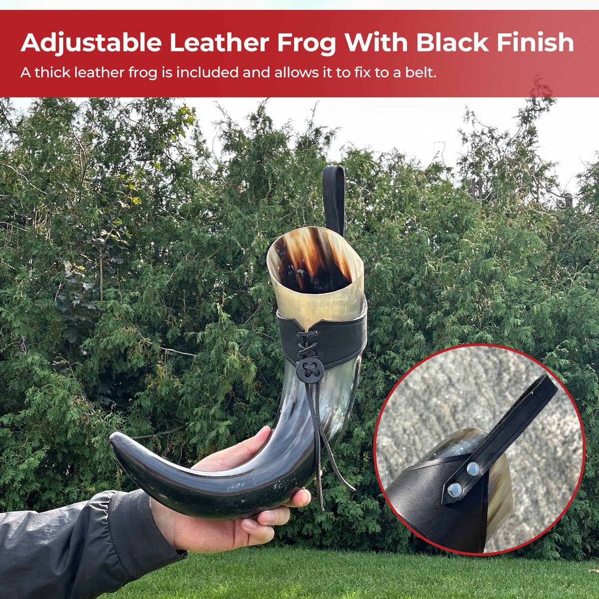 XL Drinking Horn with Black Leather Belt Frog historical period - Tophatter Daily Deals