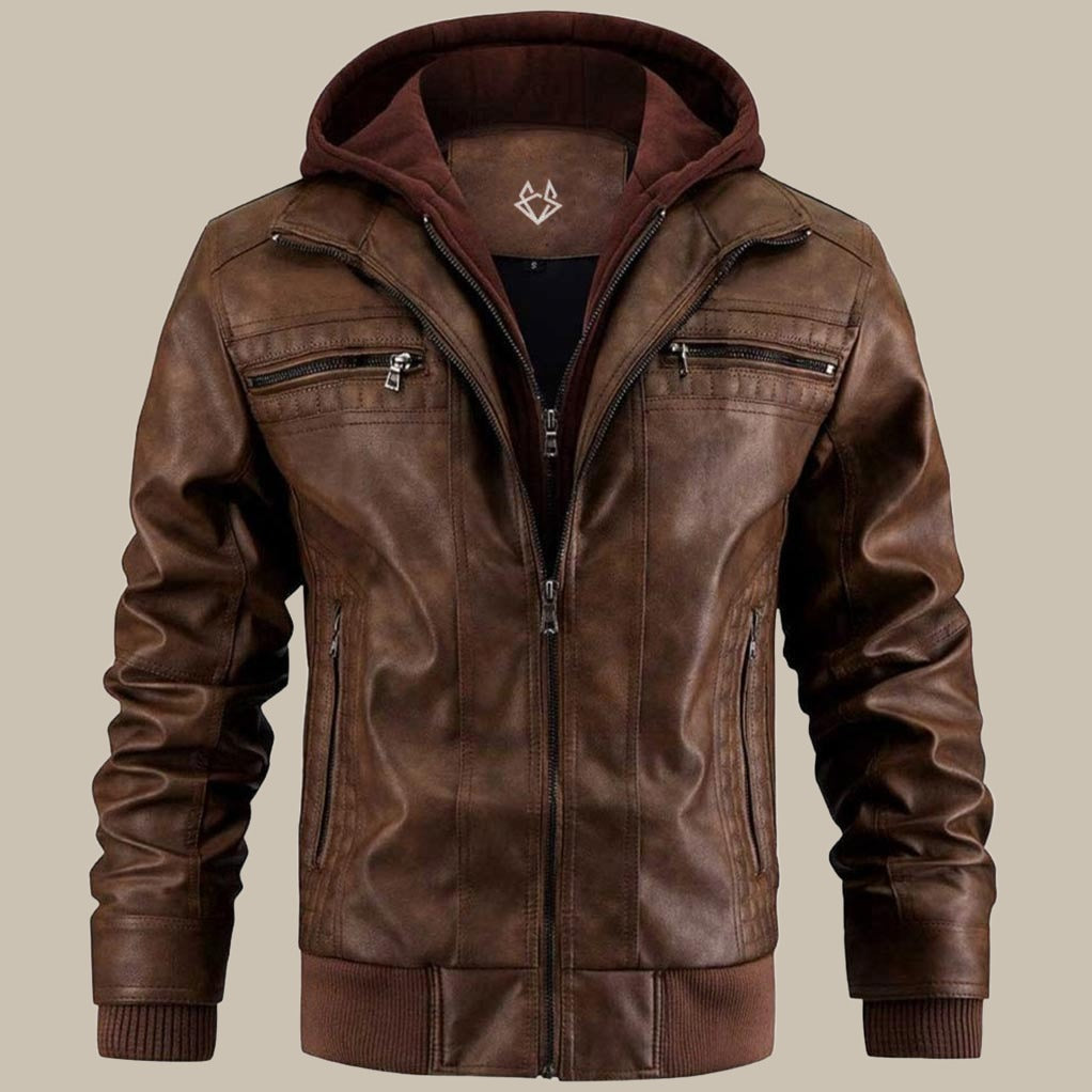 Warm Mens Leather Hooded Jacket - Bomber, Cold Weather - Tophatter Daily Deals